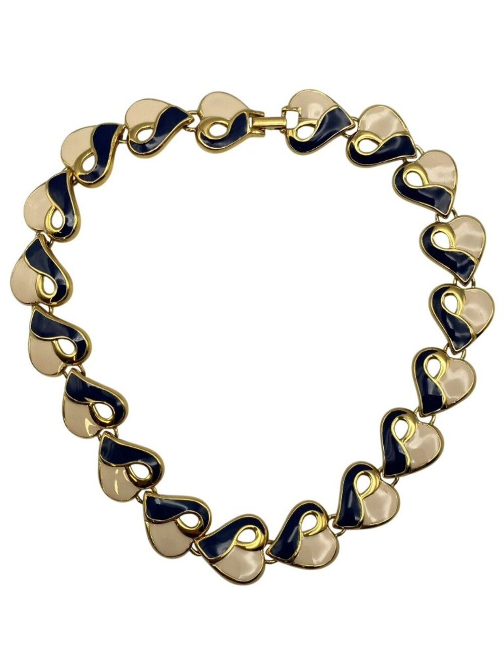 Vintage Heart Necklace Enamel Cream Navy Blue Gold Tone 1980s 80's Retro Y2K - Picture 6 of 8